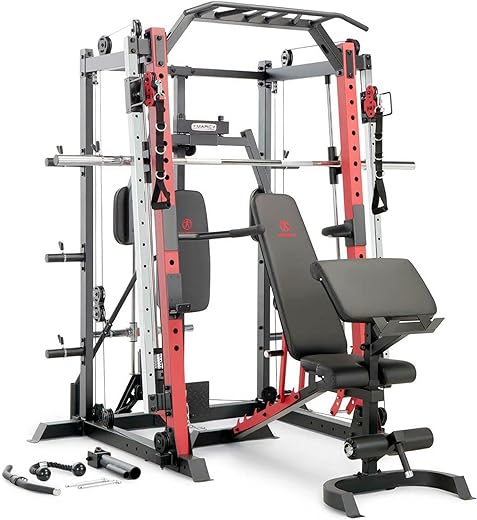 Marcy Smith Machine Cage System Home Gym Multifunction Rack, Customizable Training Station SM-4033, Red